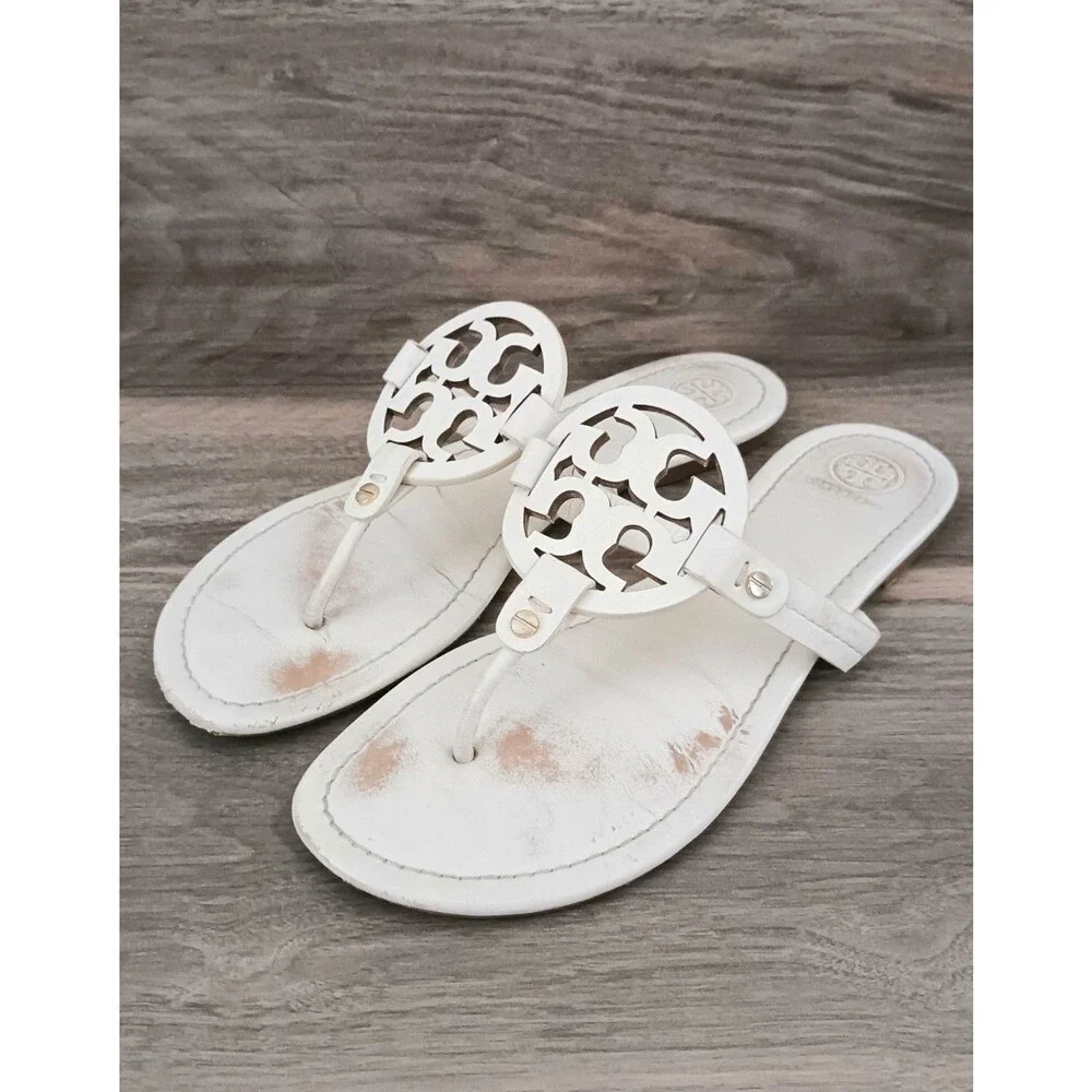 Tory Burch Miller Thong Sandal Ivory Smooth Leather w Dustbag Sz 9M